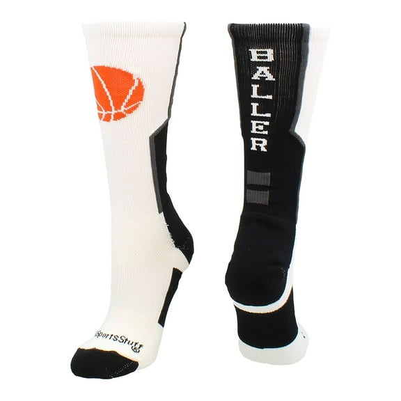 Baller Basketball Logo Crew Socks (White/Black, X-Large) - White/Black,X-Large