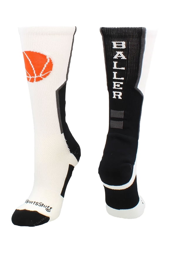 Baller Basketball Logo Crew Socks (White/Black, X-Large) - White/Black,X-Large