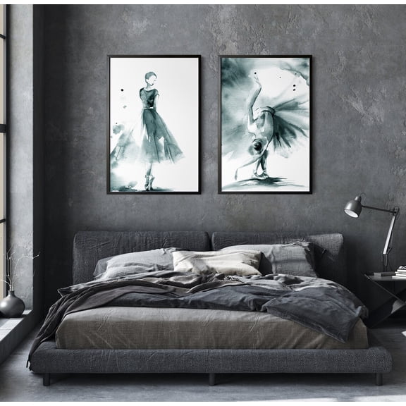 Ballerina 2 Fine Art Prints Set in Teal Colors, Ballet Dancer Watercolor Painting, 2 Prints Wall Art, Set 2, Poster Only