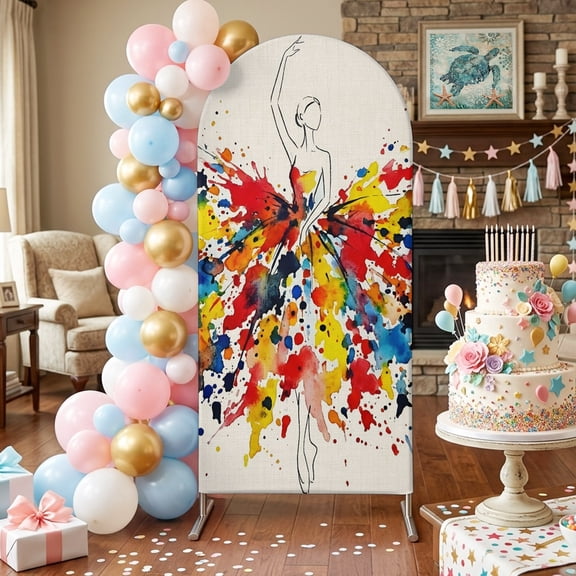 Ballerina Arch Backdrop Covers 4 FT, Colorful Dress Dynamic Splashes Stretchy Fitted Arched Stand Covers Party Arch Stand Cover Photo Booth for Wedding Birthday Decor