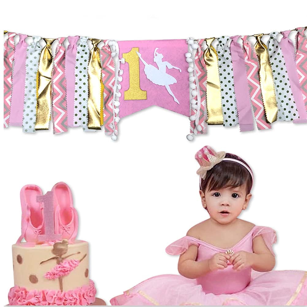 Ballerina Baby's 1st Birthday High Chair Banner - Pink Girl Party Theme Decoration Props for Shooting & Commemorative Gift C40
