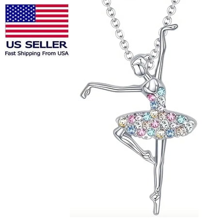 Ballerina Ballet Dancer Multicolor Rhinestone Crystal Pendant Necklace, Fruilibee Jewelry Gifts for Women