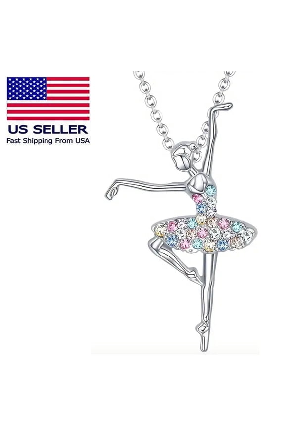 Ballerina Ballet Dancer Multicolor Rhinestone Crystal Pendant Necklace, Fruilibee Jewelry Gifts for Women