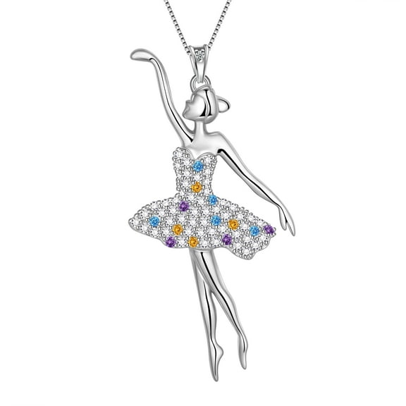 Ballerina Ballet Dancer Pendant Necklace 925 Sterling Silver Multicolor CZ Women Recital Christmas Valentine's Day Birthday Gifts for Daughter Juwaliy