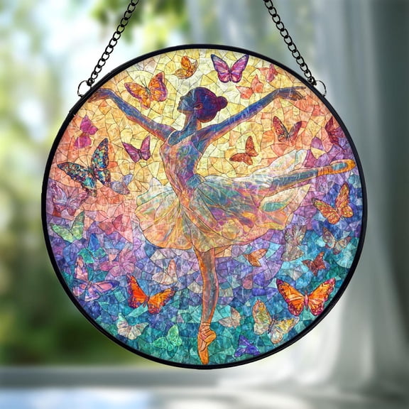 Ballerina Butterfly Glass Suncatcher, Dancing Girl Window Hanging Colorful Art Deco, 3.5 in