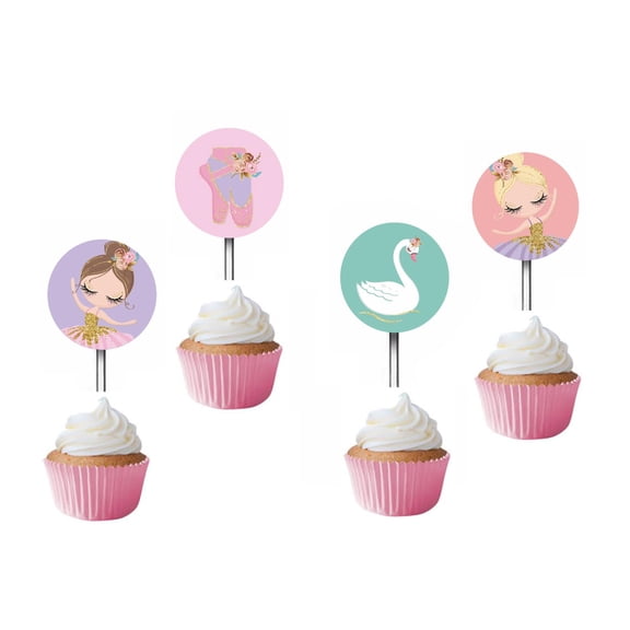 Ballerina Cupcake Toppers 12pcs, Ballet Picks Party Favors Decor, Dance Slippers Baby Shower Celebration, Rings Birthday Supplies, Swan Pink Girl Toddler