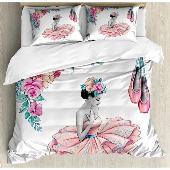 Ballerina Duvet Cover Set Queen Size, Painting Illustration of Girl with Floral Head Wear and Fluffy Pastel Toned Tutu, 3 Piece Bedding Set with 2 Pillow Shams, Multicolor, by Ambesonne