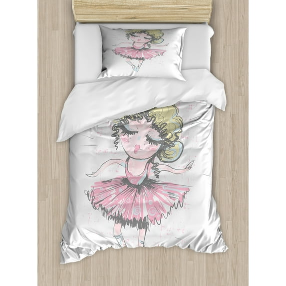 Ballerina Duvet Cover Set Twin Size, Curly Blonde Haired Cute Dancer Girl Pencil Drawing in Muted Tones Funny Doodle, 2 Piece Bedding Set with 1 Pillow Sham, Multicolor, by Ambesonne