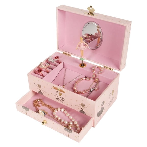Ballerina Figurine, Mirror, Drawer Jewelry Music Box, Pink