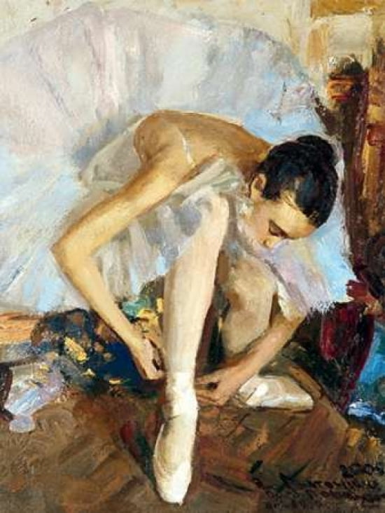 Ballerina Fixing Her Shoe Canvas Art - Vasily Bratanyuk (18 x 24)