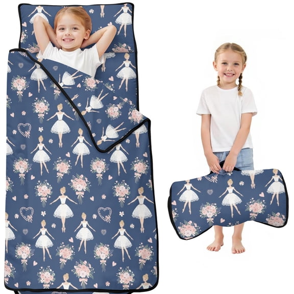 Ballerina Flower Dark Pattern Toddler Nap Mat with Pillow & Blanket, Soft Sleeping Mat for Preschool Daycare Travel Sleepovers