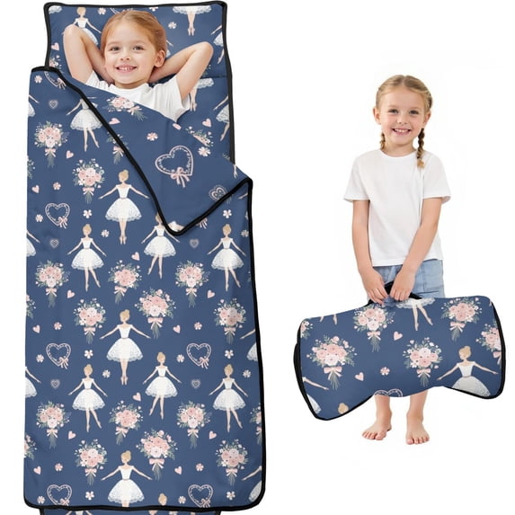 Ballerina Flower Dark Pattern Toddler Nap Mat with Pillow & Blanket, Soft Sleeping Mat for Preschool Daycare Travel Sleepovers