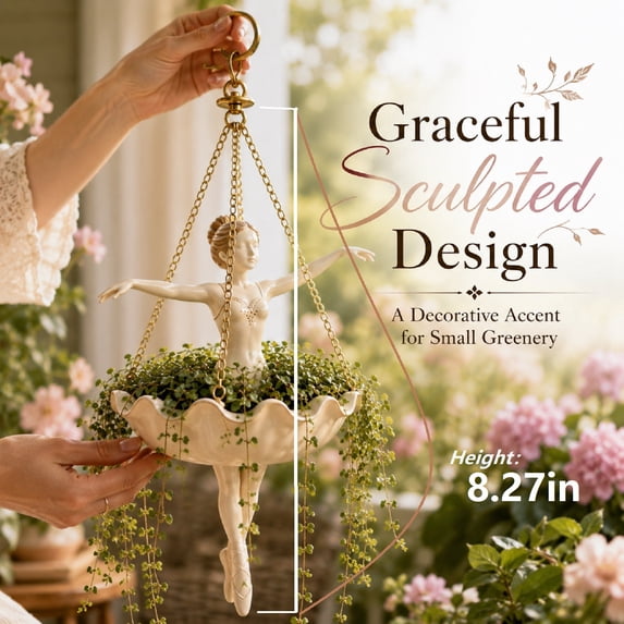 Ballerina Hanging Flower Pot, Whimsical Dancer Design with Sculpted Pose, Decorative Hanging Garden Container for Flowers, Vines, Herbs, Patio, Balcony, Porch, Living Room, Garden Decor, 8.27in