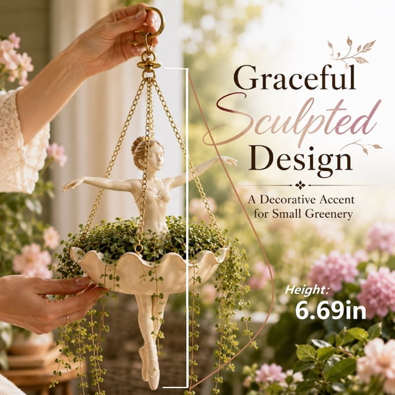 Ballerina Hanging Flower Pot, Whimsical Dancer Design with Sculpted Pose, Decorative Hanging Garden Container for Flowers, Vines, Herbs, Patio, Balcony, Porch, Living Room, Garden Decor, 6.69in