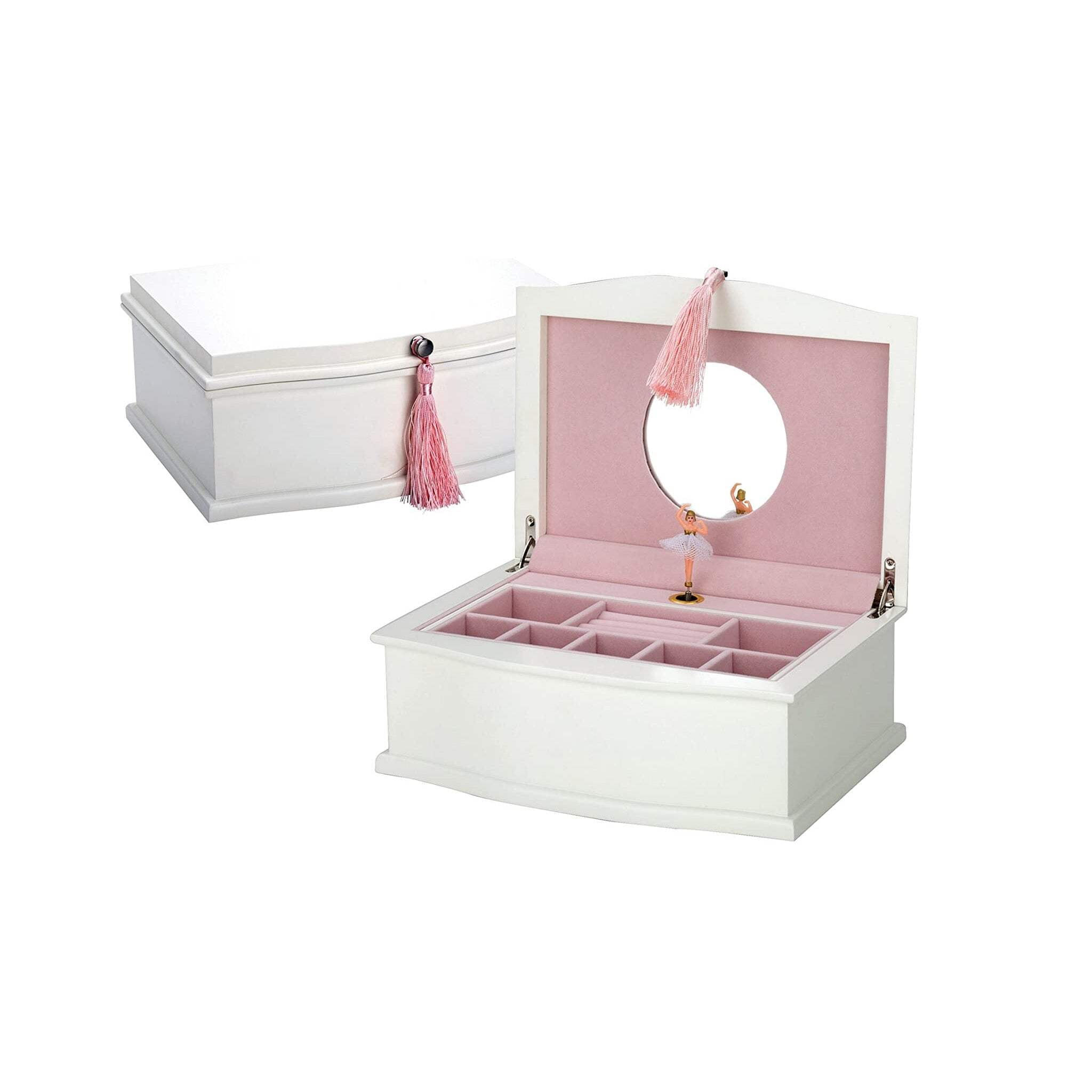 White Wood Ballerina Musical Jewelry Box with Pink Tassel