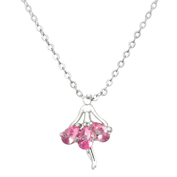 Ballerina Pendant Necklace Pink Cubic Zirconia Crystal Rhodium Plated 17 Inch Link Chain J0287-PK