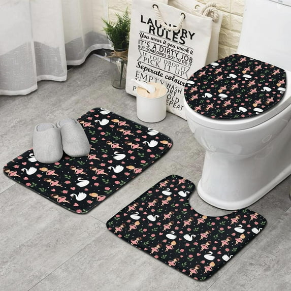 Ballerina Princess Swan Pattern Bathroom Rugs Sets 3 Piece,Toilet Cover Set,Absorbent Non Slip Bathroom Mats Sets with U-Shaped Contour Rug Toilet Rug Set