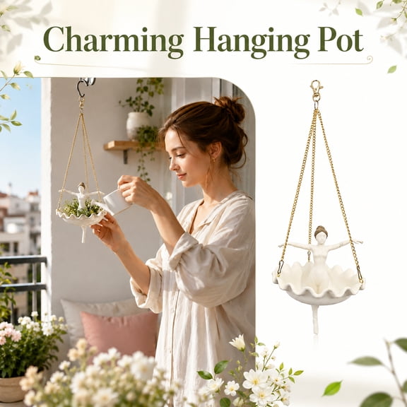 Ballerina Resin Hanging Planter, Elegant Dancer Shaped Hanging Flower Pot, Indoor Outdoor Garden Balcony Decor, Whimsical Holder for Succulents & Spider Plants, Unique Gift for Dance Teachers, White
