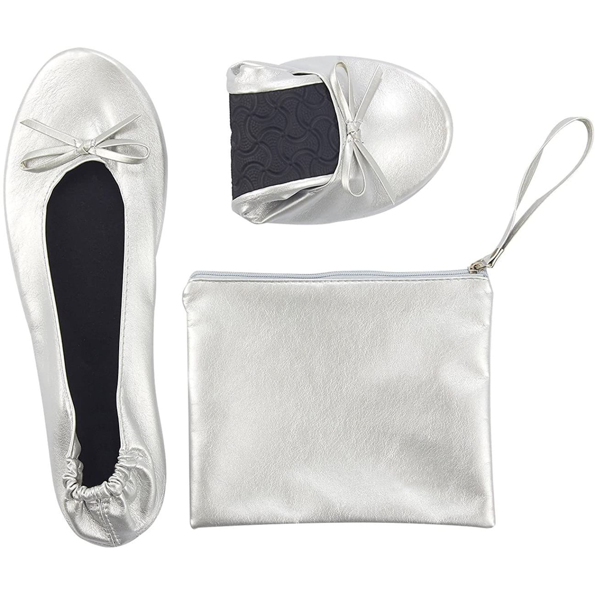 Ballerina Shoes, Foldable Ballet Flats (Silver, US 8.5-9.5