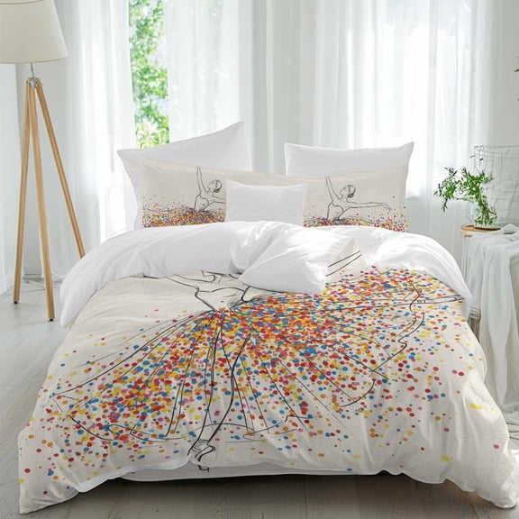 Ballerina Silhouette Queen Duvet Cover Set, Colorful Splashes Dress Modern 4 Piece Microfiber Bedding Set with Zipper Closure, Bed Sheet and 2 Pillow Shams, Soft Bedding Cover