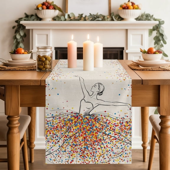 Ballerina Silhouette Table Runner 13x48 Inch Colorful Splashes Dress Modern Cotton Linen Dining Table Runner Ideal for Dresser Kitchen Coffee Tables - Machine Washable