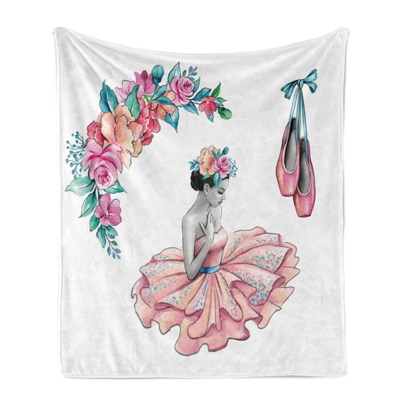 Ballerina Soft Flannel Fleece Blanket, Painting Illustration of Girl with Floral Head Wear and Fluffy Pastel Toned Tutu, Cozy Plush for Indoor and Outdoor Use, 70" x 90", Multicolor, by Ambesonne