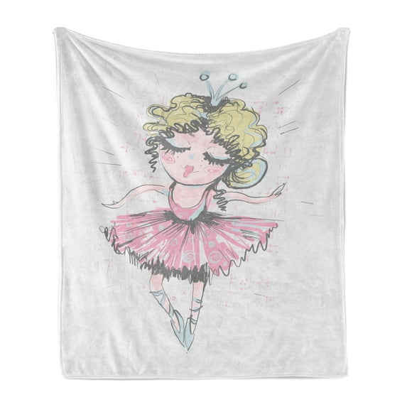 Ballerina Soft Flannel Fleece Throw Blanket, Curly Blonde Haired Dancer Girl Pencil Drawing in Muted Tones Funny Doodle, Cozy Plush for Indoor and Outdoor Use, 50" x 70", Multicolor, by Ambesonne