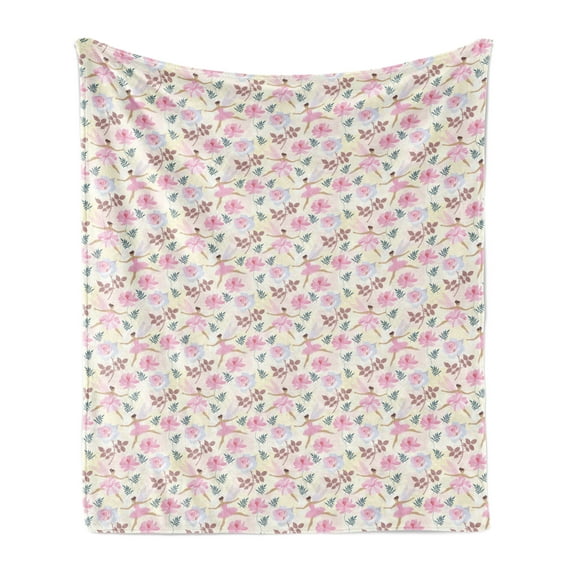 Ballerina Soft Flannel Fleece Throw Blanket, Pastel Love Dancer Fairy with Wings Flying with Roses and Floral Motifs Print, Cozy Plush for Indoor and Outdoor Use, 50" x 70", Multicolor, by Ambesonne
