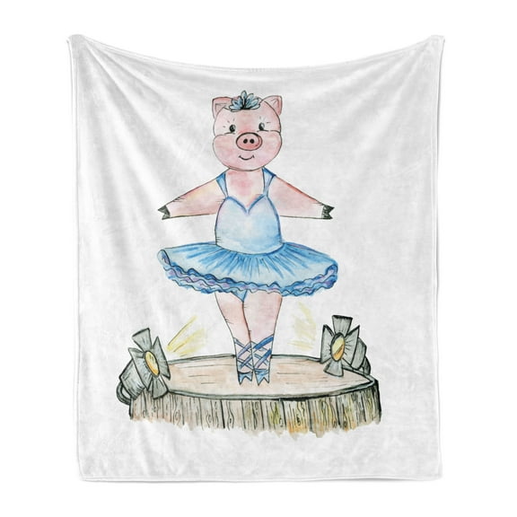 Ballerina Soft Flannel Fleece Throw Blanket, Pig Illustration with Ballet Outfit on Stage Doodle Pencil Sketch Posture, Cozy Plush for Indoor and Outdoor Use, 60" x 80", Multicolor, by Ambesonne