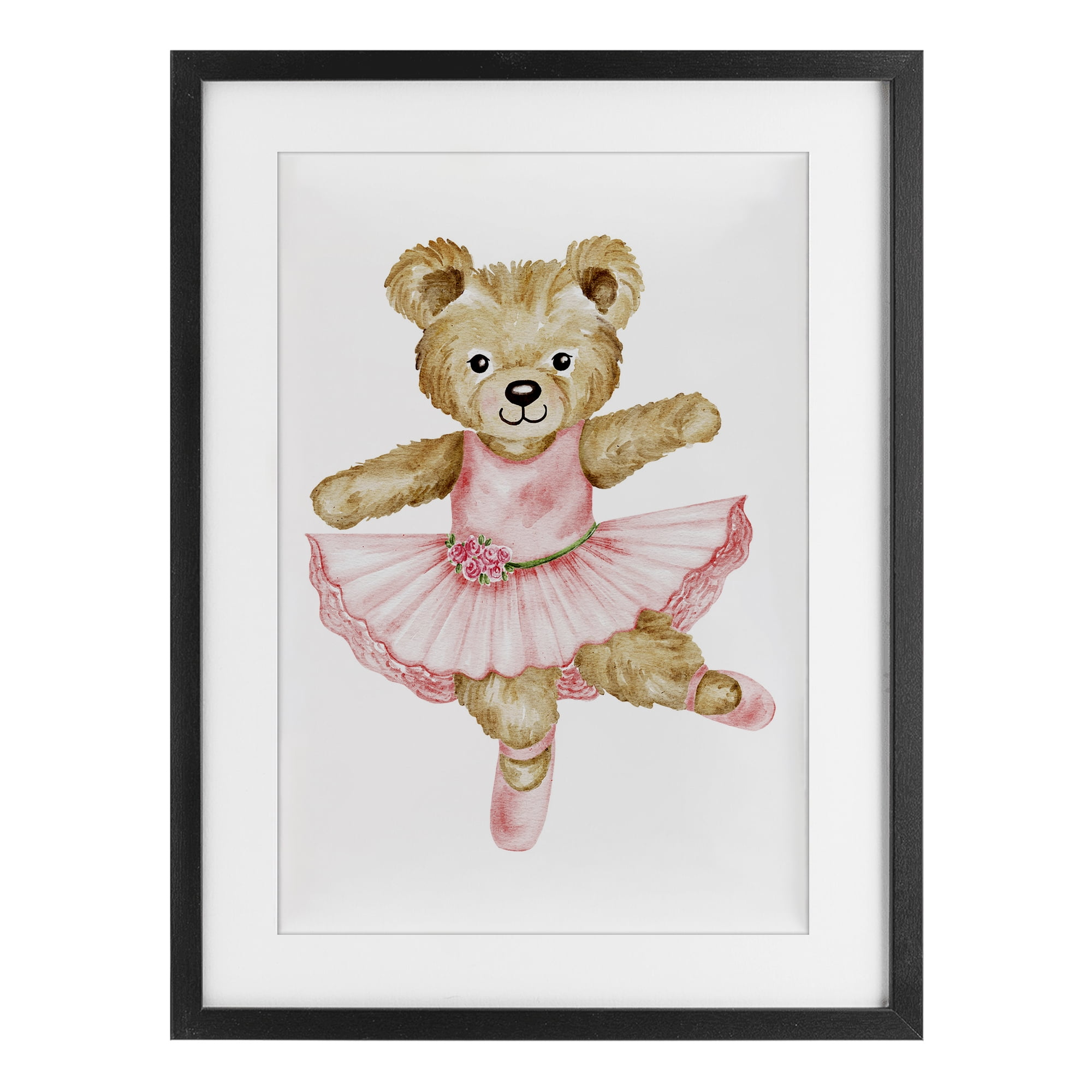 Ballerina Teddy Bear Black Framed Print Under Glass, design by Amy Hall