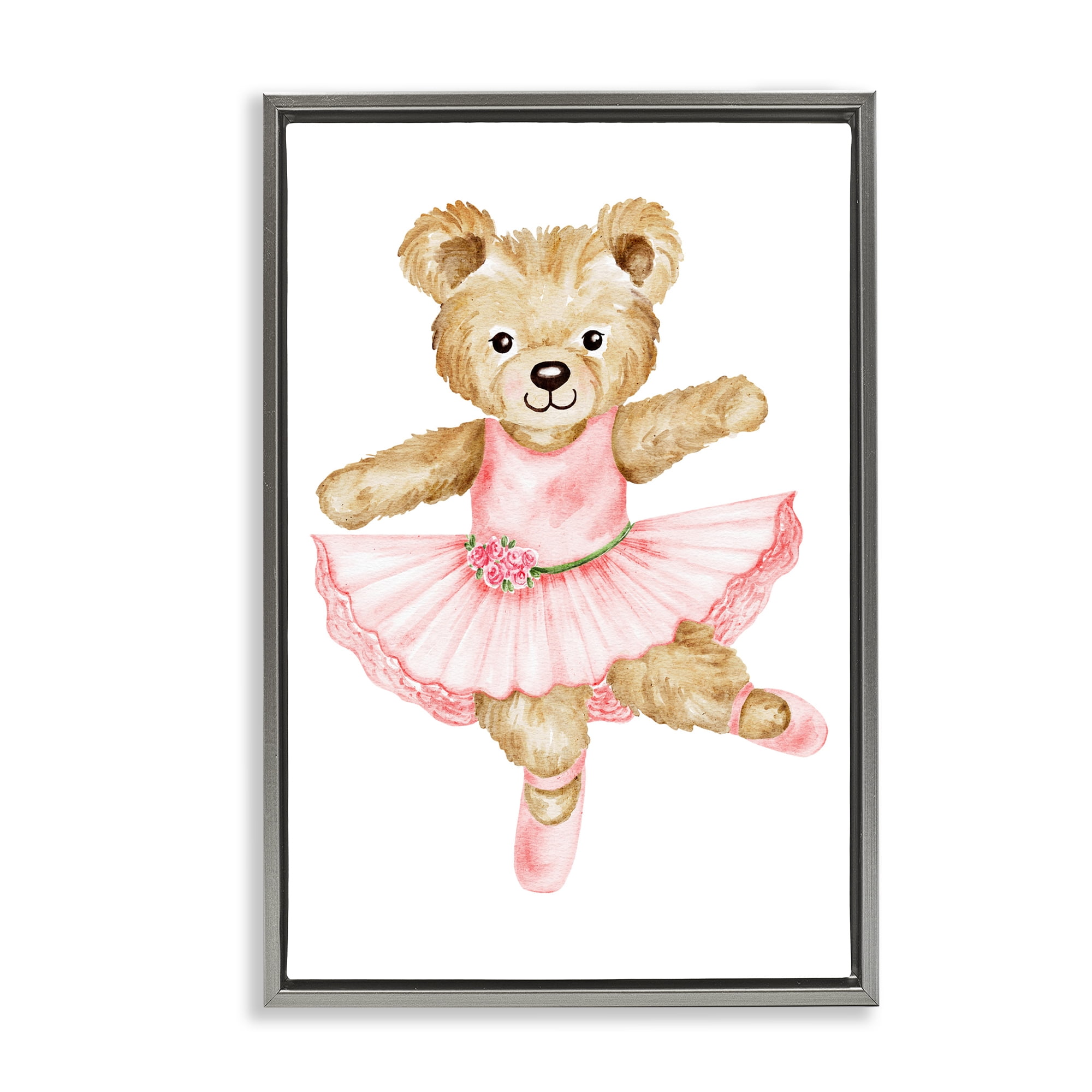 Ballerina Teddy Bear Gray Framed Floater Canvas Wall Art, design by Amy Hall