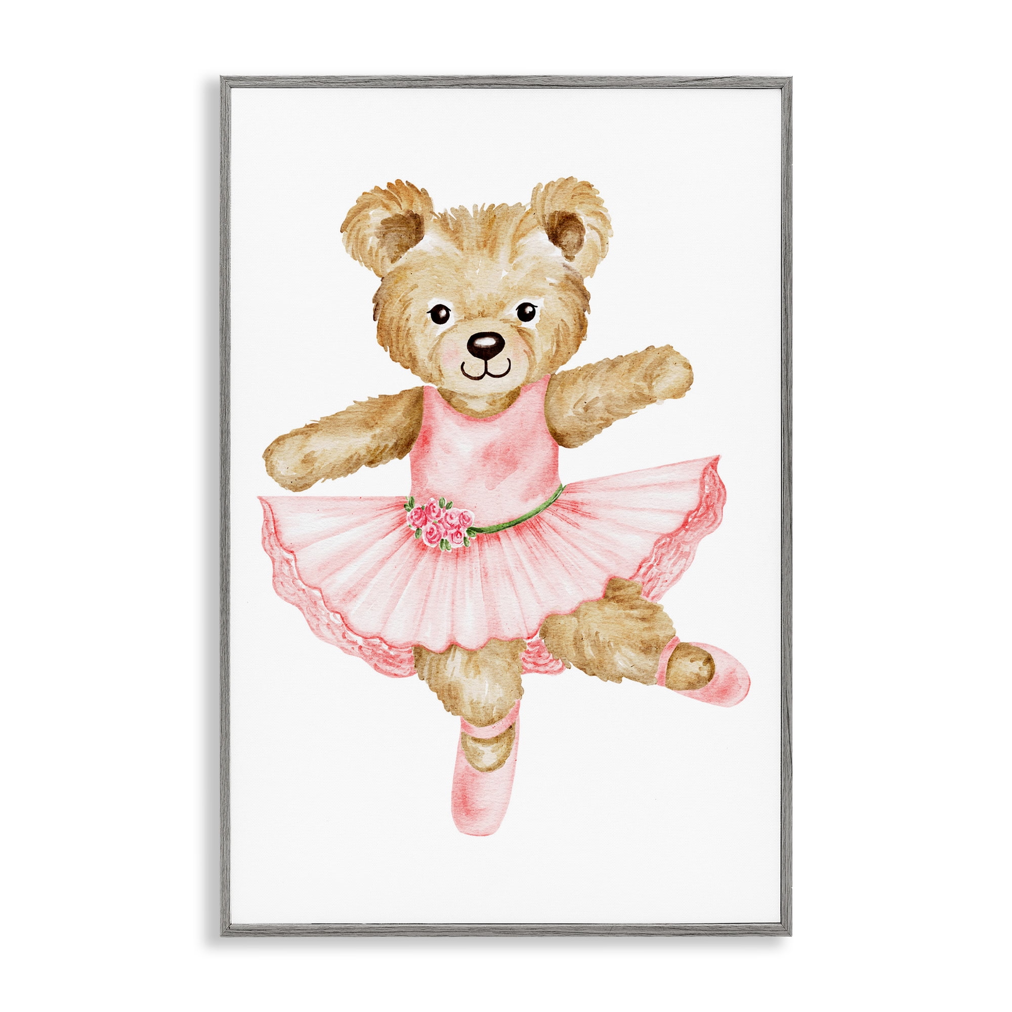 Ballerina Teddy Bear Gray Framed Giclee Art, design by Amy Hall