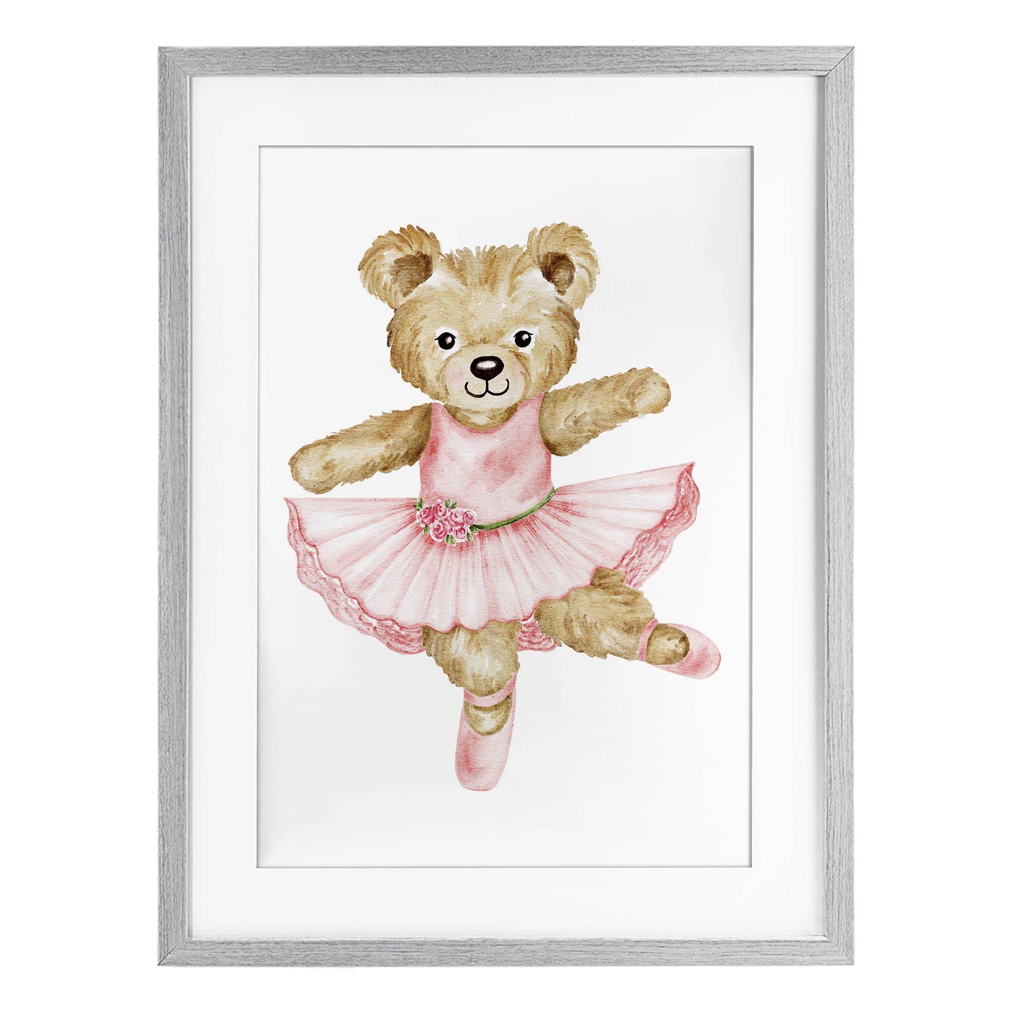 Ballerina Teddy Bear Gray Framed Print Under Glass, design by Amy Hall