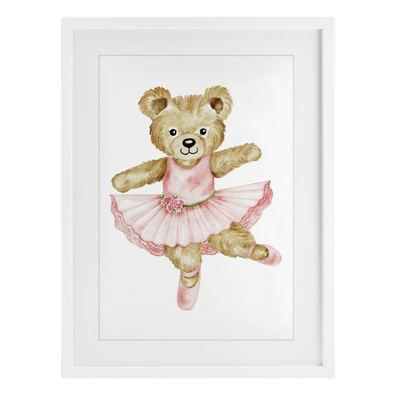 Ballerina Teddy Bear White Framed Print Under Glass, design by Amy Hall