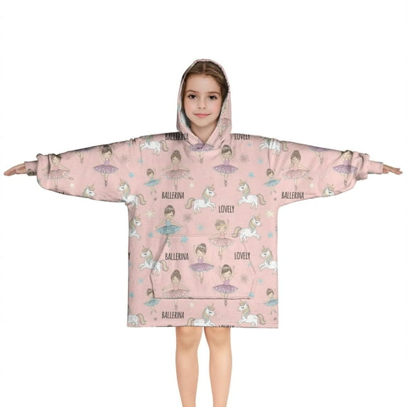 Ballerina Unicorn Princess Pattern Blanket Hoodies for Kids 6-13YR Oversize Wearable Blanket Hoodies for Boys Girls Teens