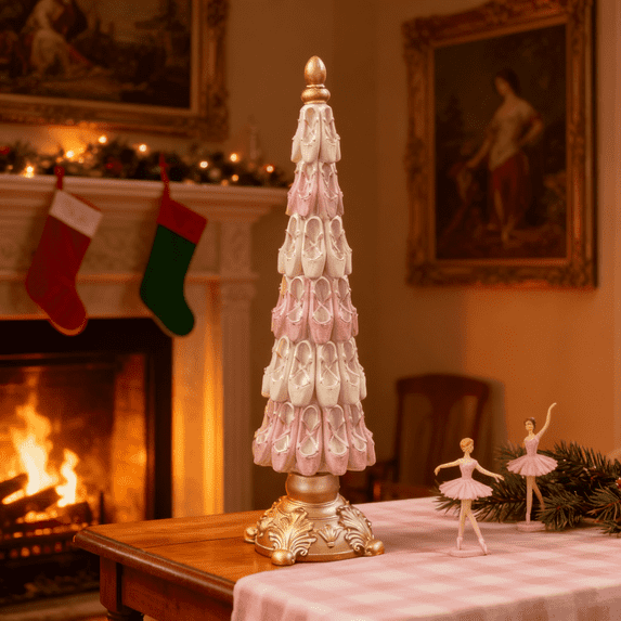 7.87in Ballet Ornament, Dancing Christmas Tree Ballerina Shoe Ornament in Blush Pink Color with Premium Glitter Finish for Elegant Seasonal Tabletop Display Dancing Christmas Tree | Pink