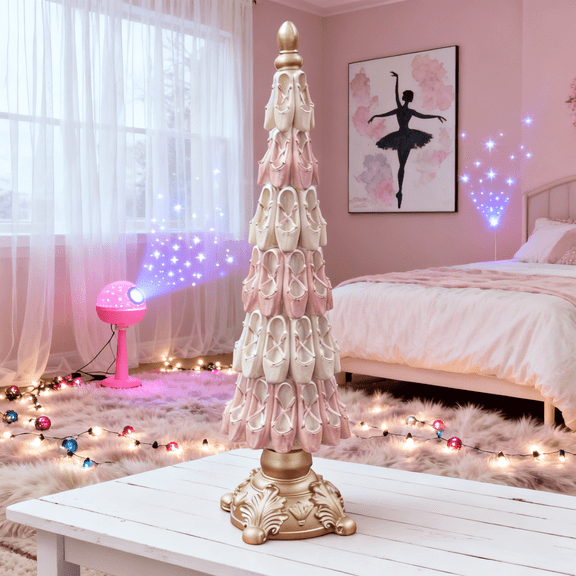 7.87in Pink Tree, Ballet Christmas Tree Ornament Featuring Delicate Ballerina Shoes Design Made of Premium Pink Resin with Sparkling Glitter Details Ballet Decorations | Pink