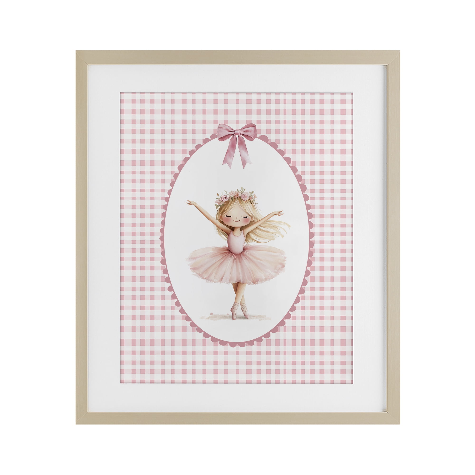 Ballerina on Pink Checkered Birch Framed Print Under Glass, design by Christine Simpson Art