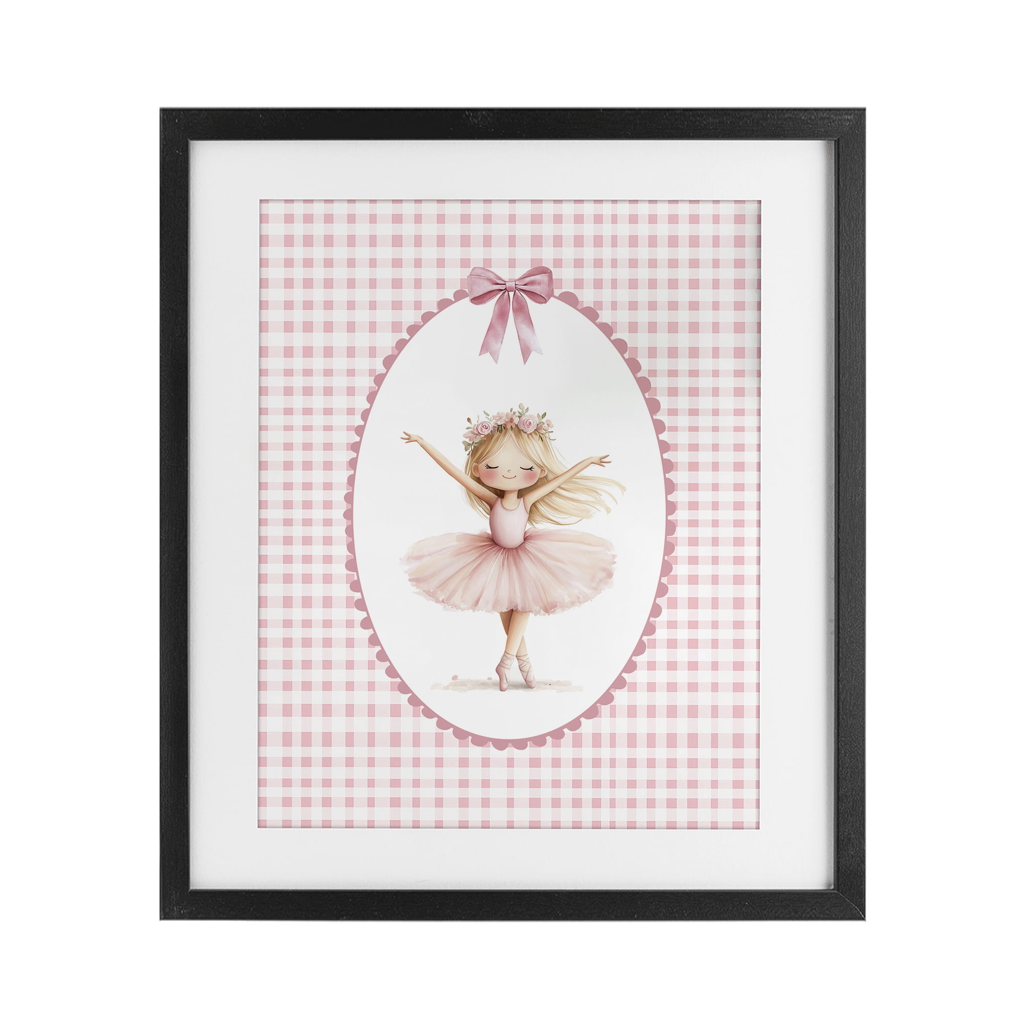 Ballerina on Pink Checkered Black Framed Print Under Glass, design by Christine Simpson Art