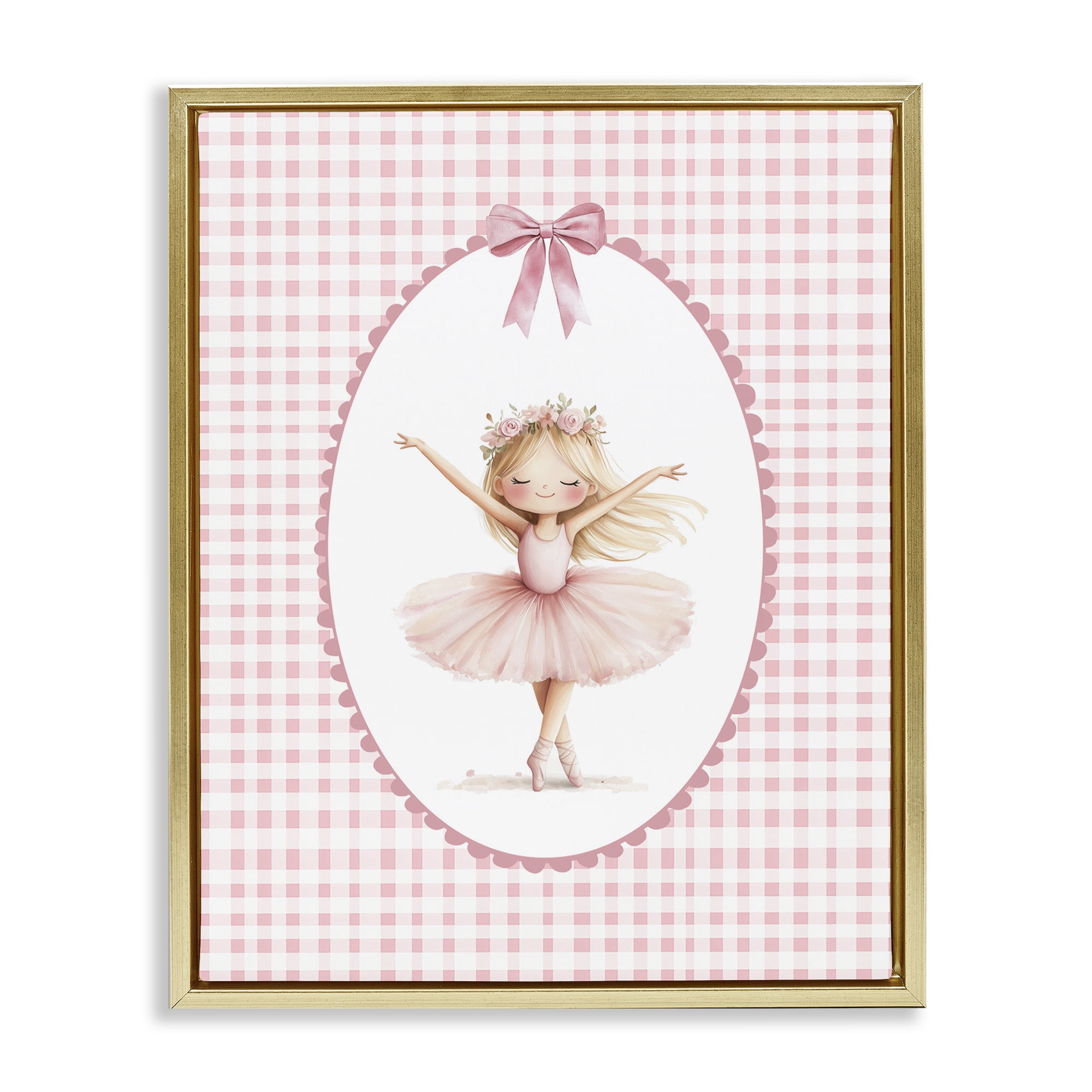 Ballerina on Pink Checkered Gold Framed Floater Canvas Wall Art, design by Christine Simpson Art