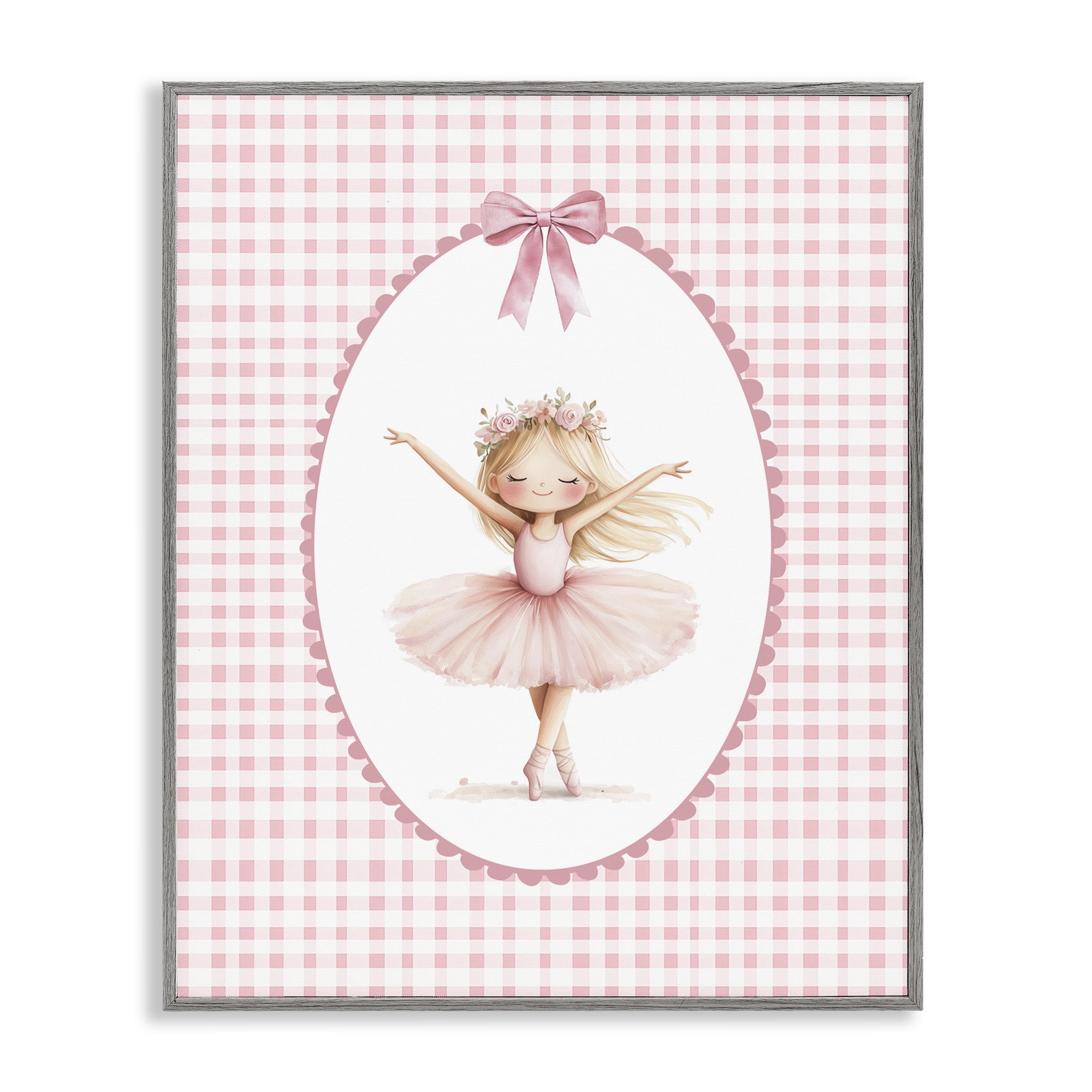 Ballerina on Pink Checkered Gray Framed Giclee Art, design by Christine Simpson Art