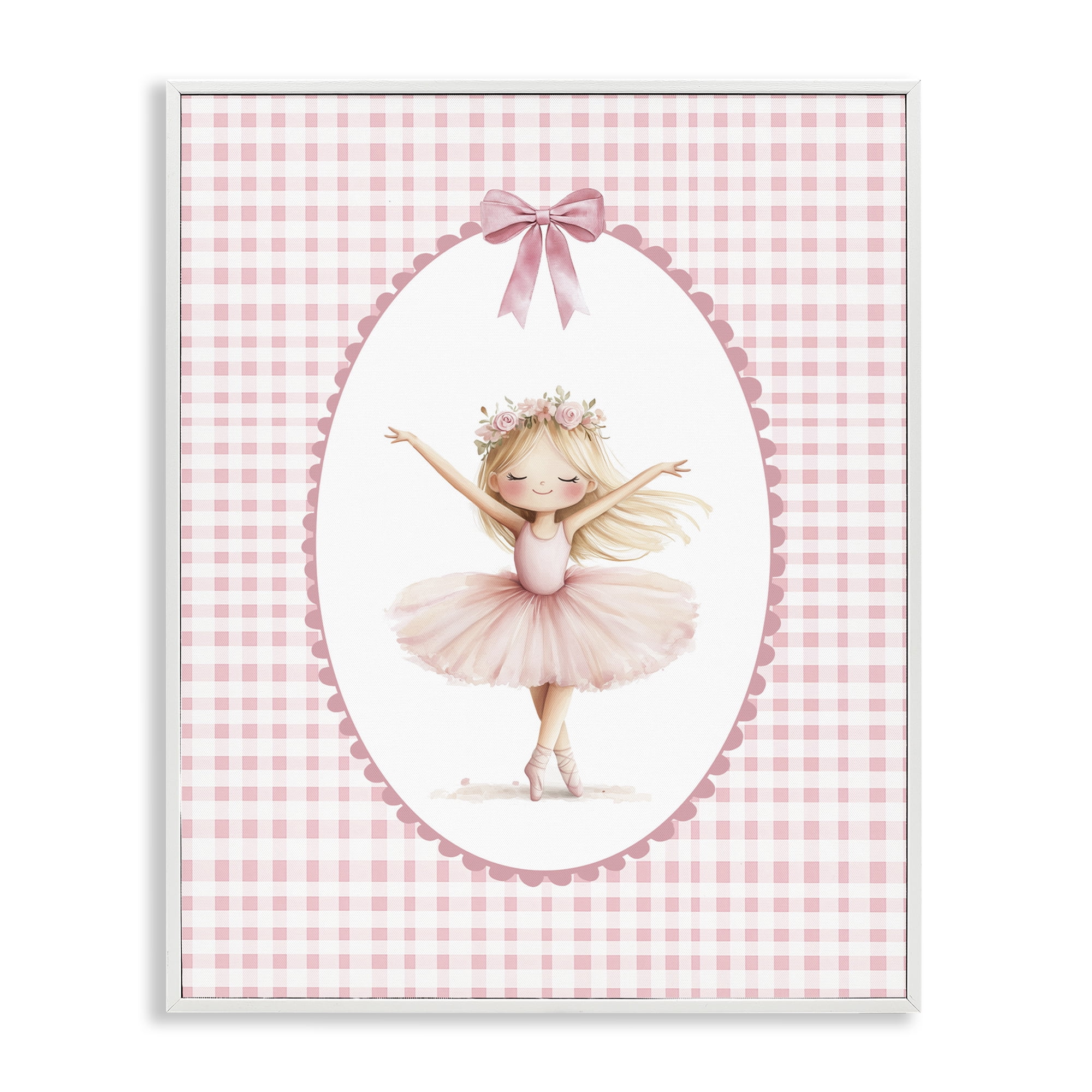 Ballerina on Pink Checkered White Framed Giclee Art, design by Christine Simpson Art