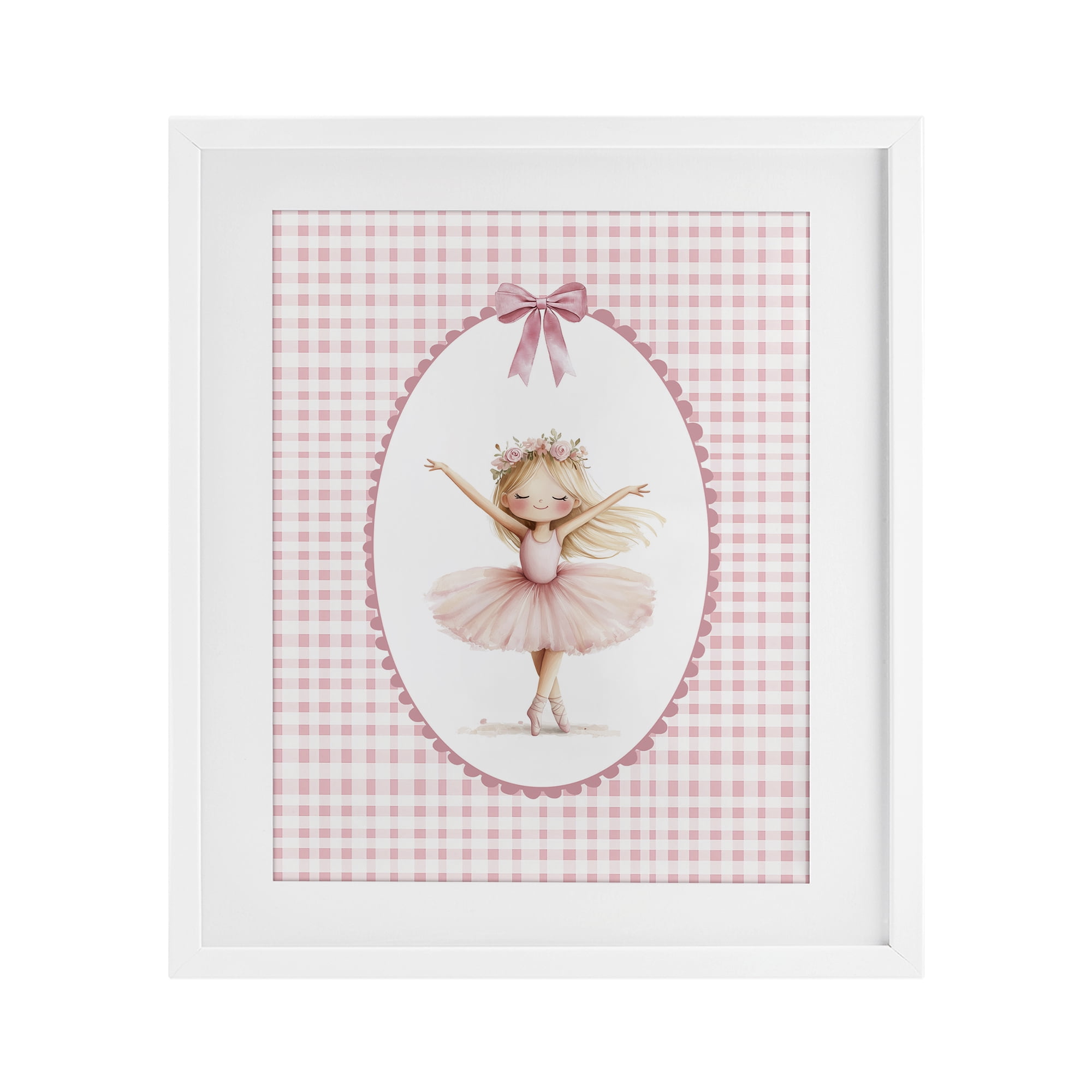 Ballerina on Pink Checkered White Framed Print Under Glass, design by Christine Simpson Art