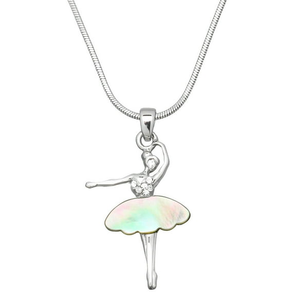 Ballerine Pendant Necklace Mother of Pearl Rhinestone Crystal Rhodium High Polished J0442
