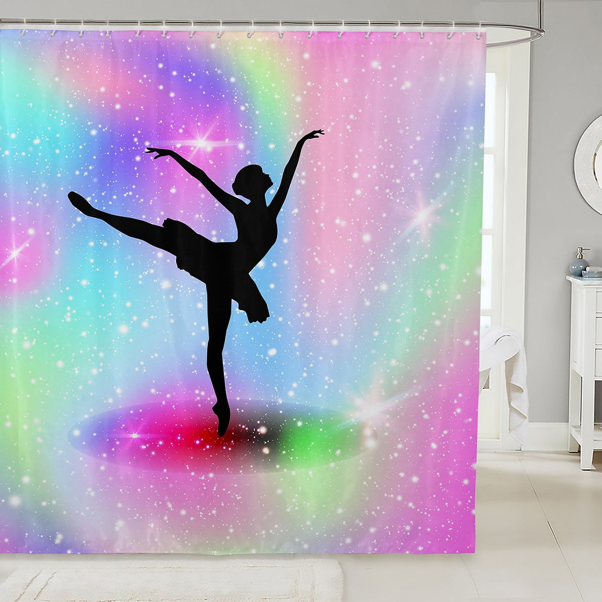 Ballet Bath Curtain For Girls, Dancing Ballerina Shower Curtain 72" W X 84" L Rainbow Pastel