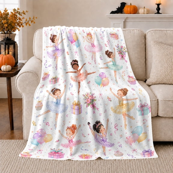 Ballet Birthday Flannel Blanket with Dancing Girls Balloons Gifts Cupcakes Flowers Confetti Watercolor Art, Kids Sofa Bedroom Playroom Home Decor, Birthday Gift