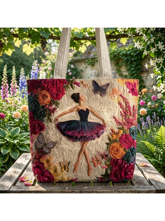 Ballet Bloom Quilted Tote Bag, Floral Cotton Shoulder Bag, Coquette Balletcore Tote, Handmade Gift for Her, Everyday Bag