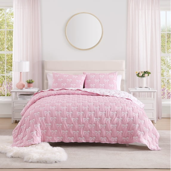 Ballet Bows Pink All-Season Soft Woven Matelasse Jacquard Reversible Cotton Blend Quilt Set