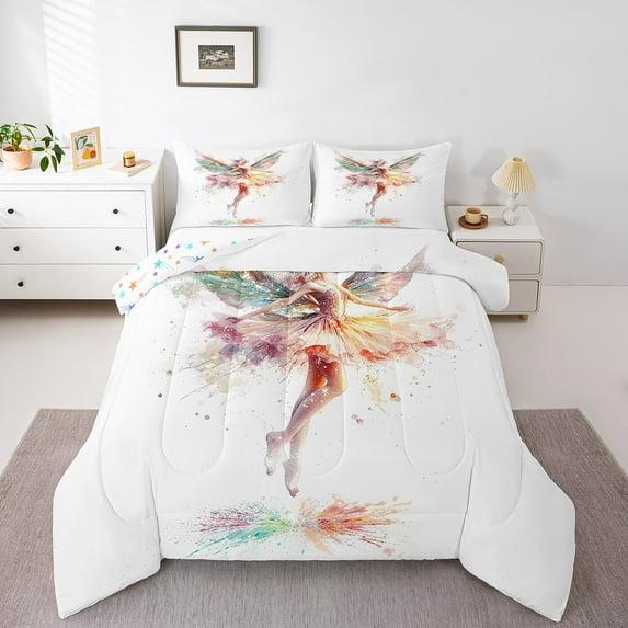 Ballet Comforter Set King Size 3 Pcs,Dreamy Watercolor Dancing Princess Paint Bedding Set,Fantasy Angel Wings Fairy Tale Quilt Set for Adults Bedroom,2 Pillowcases