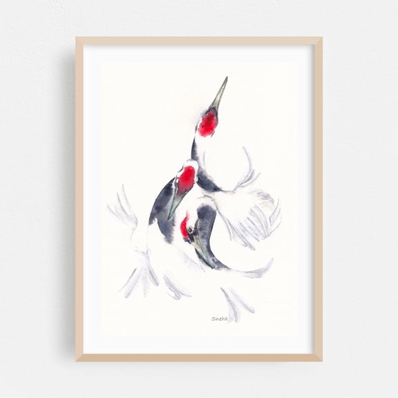 Ballet of Crimson Crowns | Red Crowned Cranes Watercolour Art Print - India Painting Watercolor Bird Nature Animal Wildlife Illustration Minimalist Oak Framed Wall Art Print 5 x 7 inches